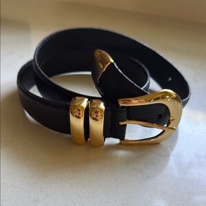 Anthropologie Classic Black Leather Belt with Gold Buckle